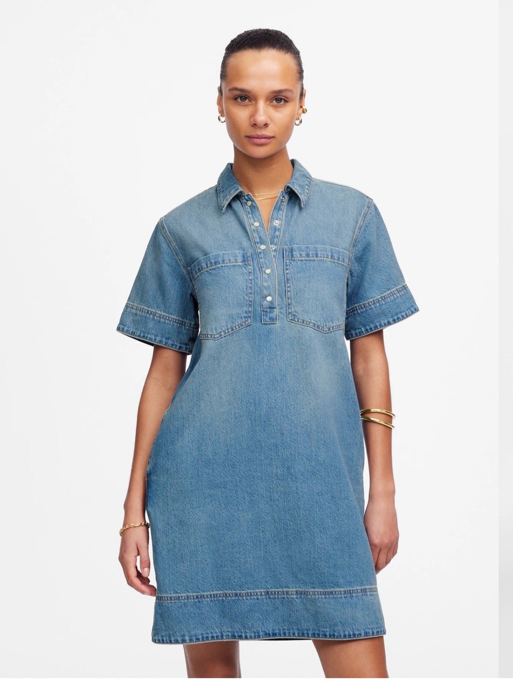 Madewell Denim Popover Dress Robertson Wash Airy Short Sleeve Size Small